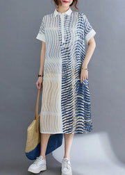 Elegant Striped Button Cotton Long Dress Short Sleeve