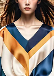 Elegant Striped V Neck Drawstring Silk Top Half Sleeve