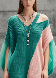 Elegant Tea Green Cold Shoulder Patchwork Tulle Long Sweater Fall