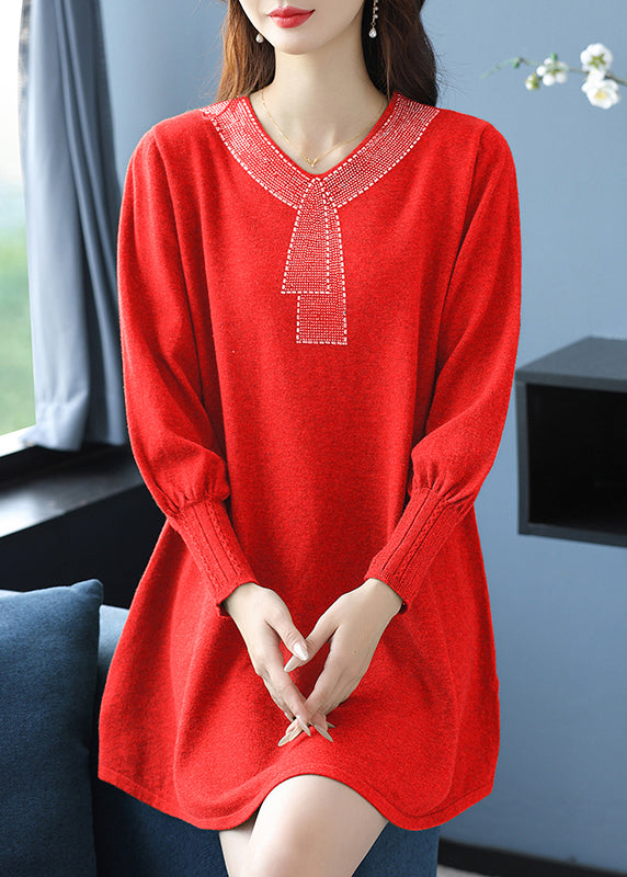 Elegant Tea Green V Neck Zircon Woolen Sweater Dress Winter