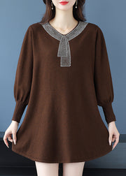 Elegant Tea Green V Neck Zircon Woolen Sweater Dress Winter