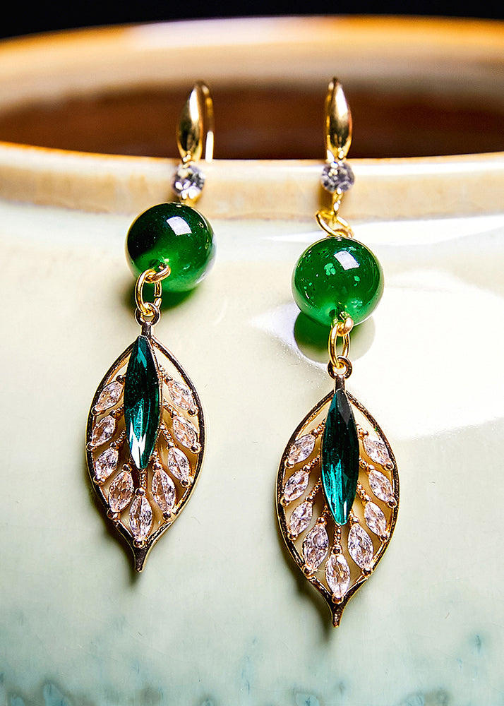 Elegant Turquoise Leaf Zircon Drop Earrings