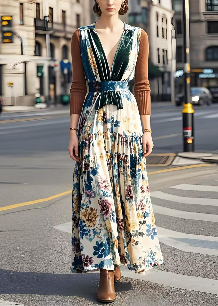 Elegant V Neck Patchwork Print Silk Velvet Long Dress Spring