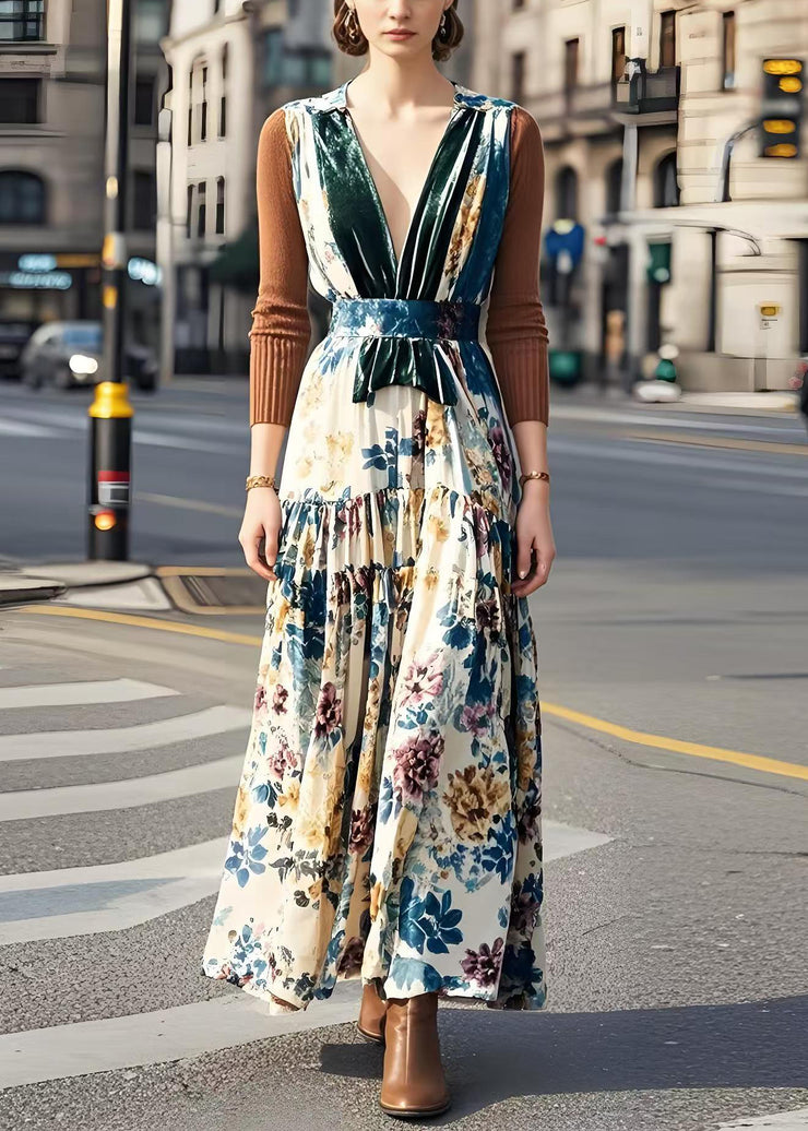 Elegant V Neck Patchwork Print Silk Velvet Long Dress Spring