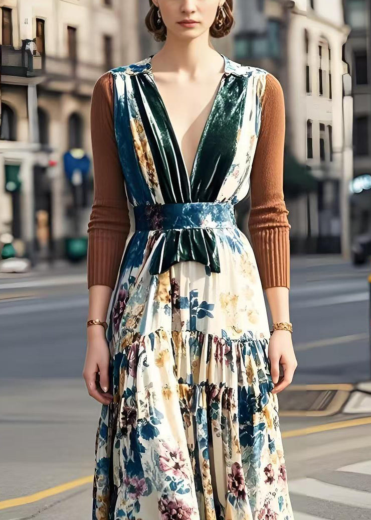 Elegant V Neck Patchwork Print Silk Velvet Long Dress Spring