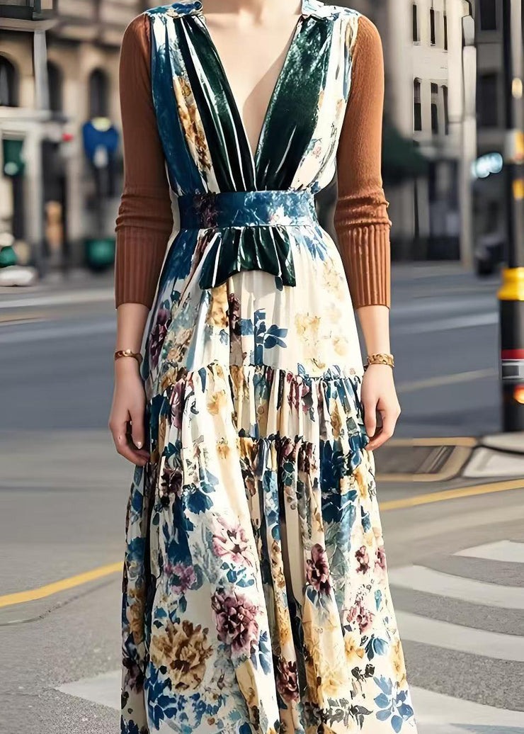 Elegant V Neck Patchwork Print Silk Velvet Long Dress Fall