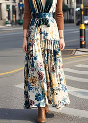 Elegant V Neck Patchwork Print Silk Velvet Long Dress Spring