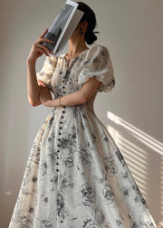 Elegant V Neck Print Button Chiffon Maxi Dress Short Sleeve