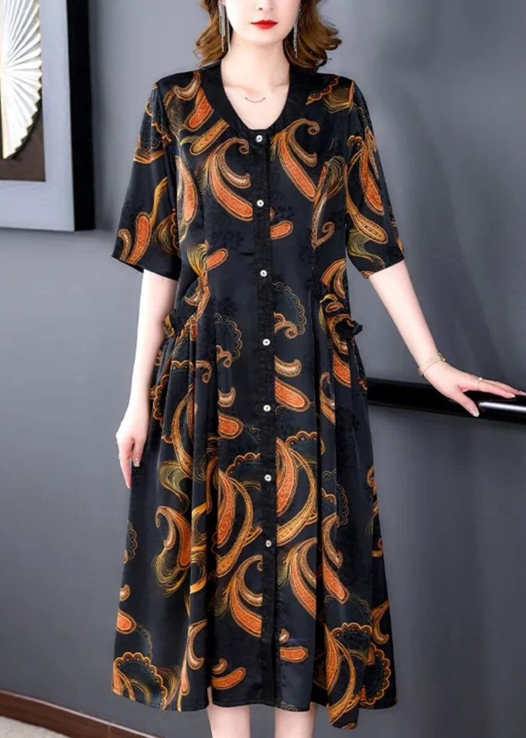 Elegant V Neck Print Button Silk Maxi Shirts Dresses Summer