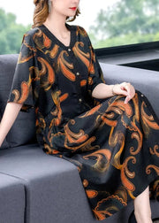 Elegant V Neck Print Button Silk Maxi Shirts Dresses Summer