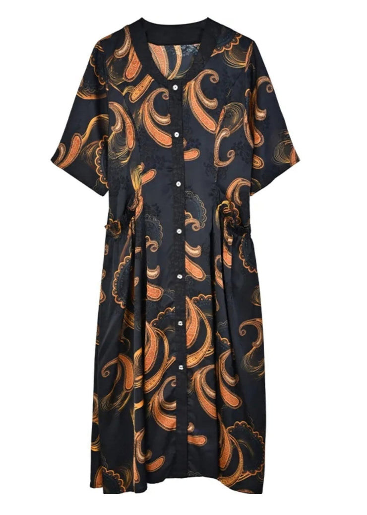 Elegant V Neck Print Button Silk Maxi Shirts Dresses Summer