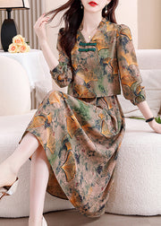 Elegant V Neck Print False Two Pieces Cotton Dress Fall