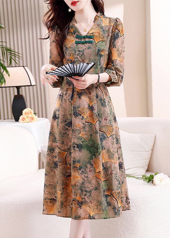 Elegant V Neck Print False Two Pieces Cotton Dress Fall