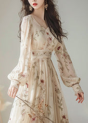 Elegant V Neck Print High Waist Chiffon Dress Long Sleeve