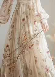 Elegant V Neck Print High Waist Chiffon Dress Long Sleeve