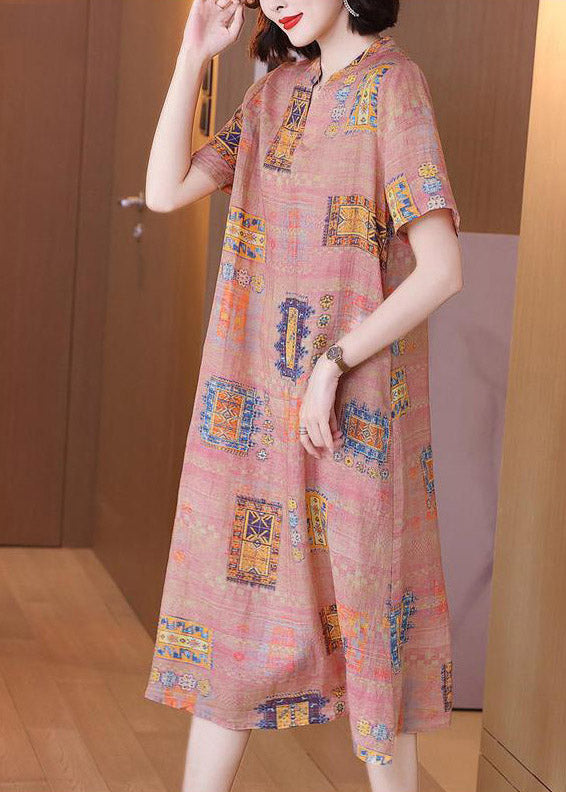 Elegant V Neck Print Linen Long Dresses Short Sleeve