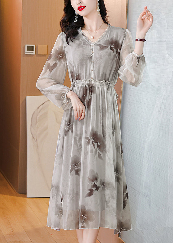 Elegant V Neck Print Ruffled Silk Chiffon Dresses Lantern Sleeve