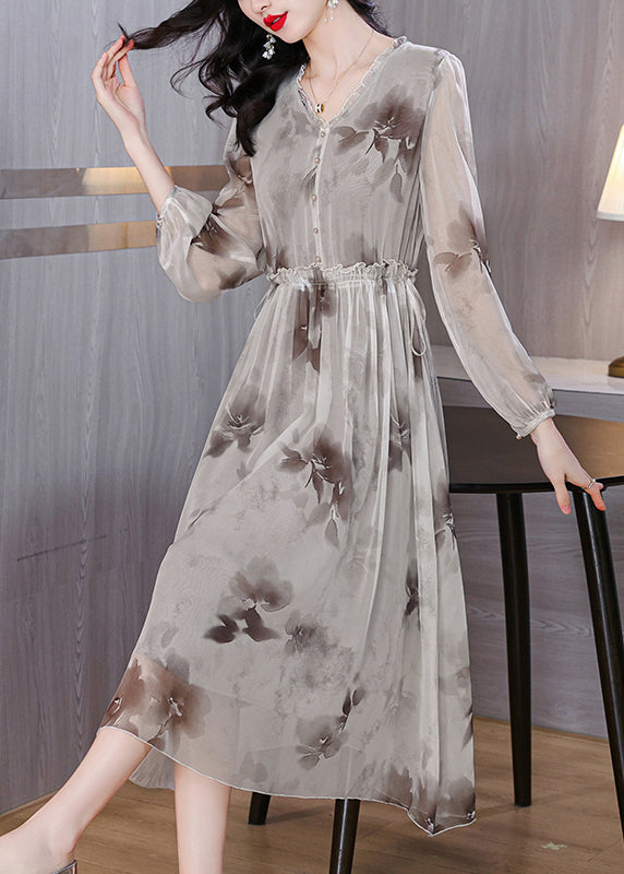 Elegant V Neck Print Ruffled Silk Chiffon Dresses Lantern Sleeve