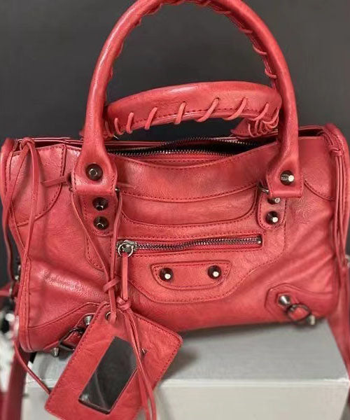 Elegant Versatile Red Sheepskin Rivet Tote Handbag