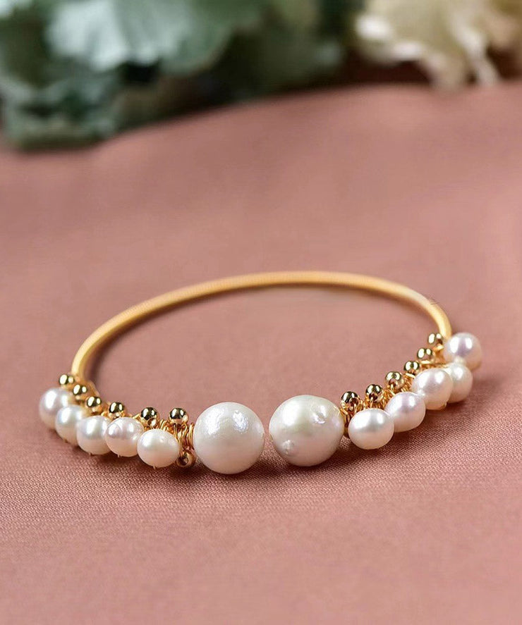 Elegant White 14K Gold Pearl Asymmetric Cuff