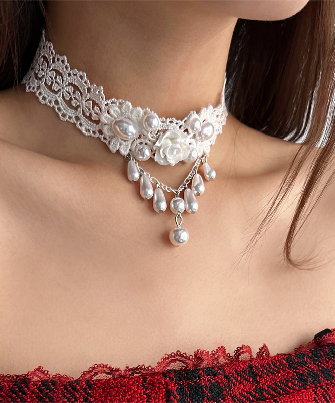 Elegant White Acrylic Alloy Lace Pearl Water Drop Pendant Necklace