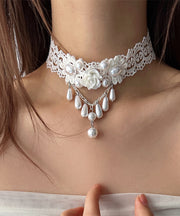 Elegant White Acrylic Alloy Lace Pearl Water Drop Pendant Necklace