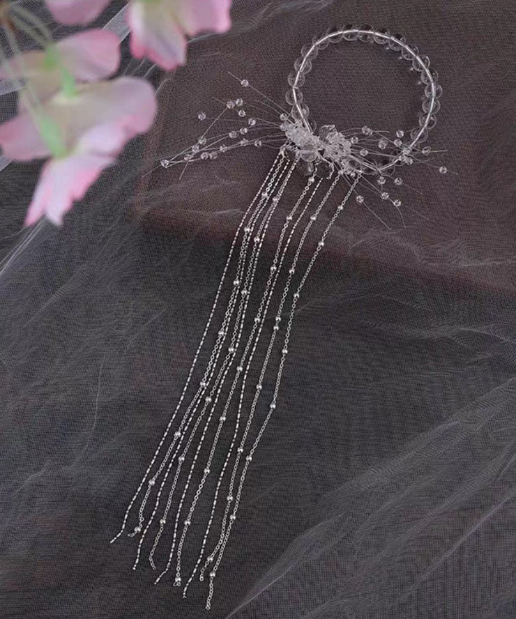 Elegant White Alloy Crystal Pearl Floral Tassel Hairpin