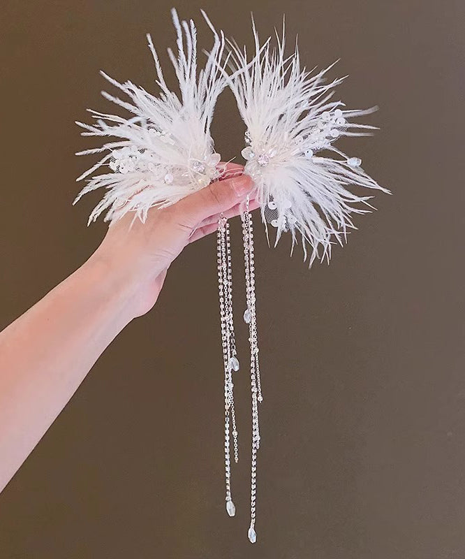 Elegant White Alloy Feather Pearl Sequins Tassel Girls Hairpin