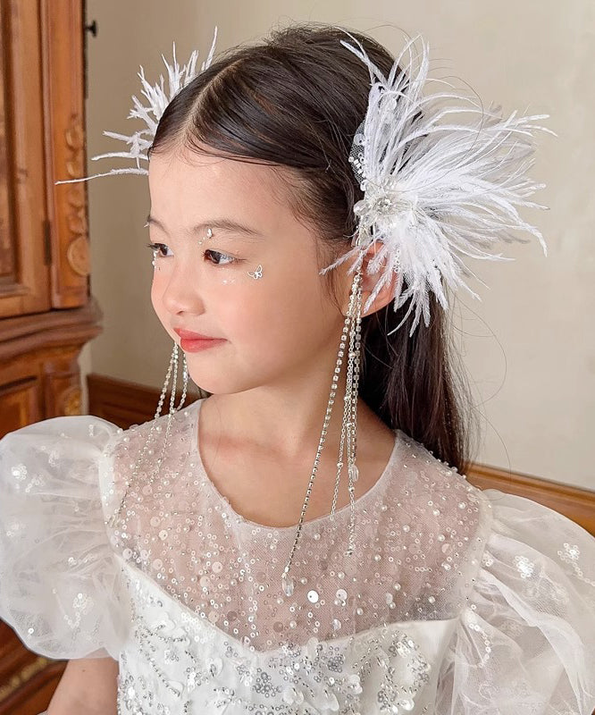 Elegant White Alloy Feather Pearl Sequins Tassel Girls Hairpin