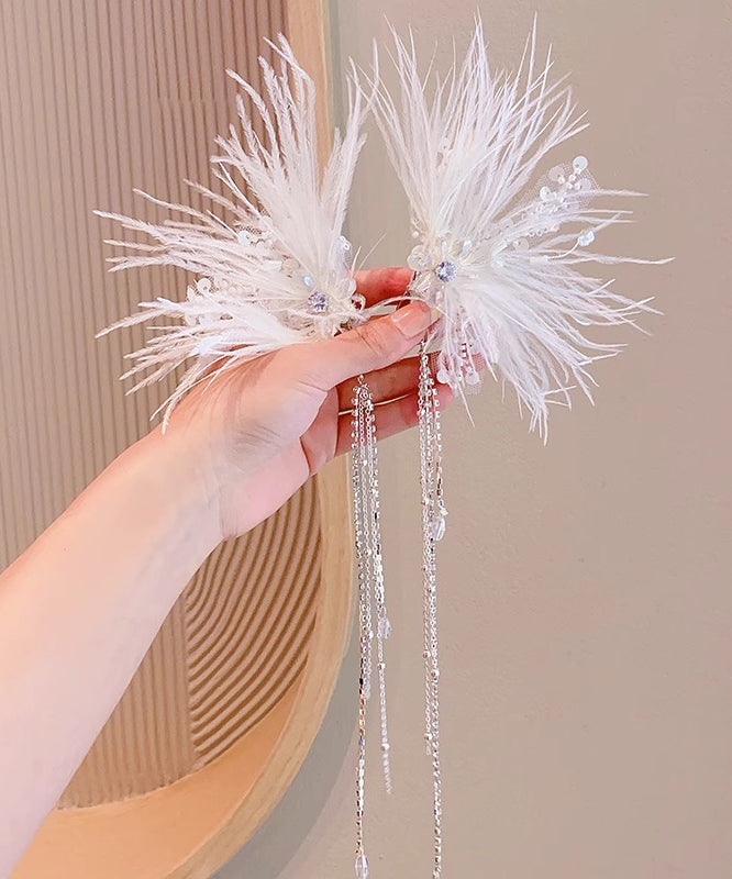 Elegant White Alloy Feather Pearl Sequins Tassel Girls Hairpin