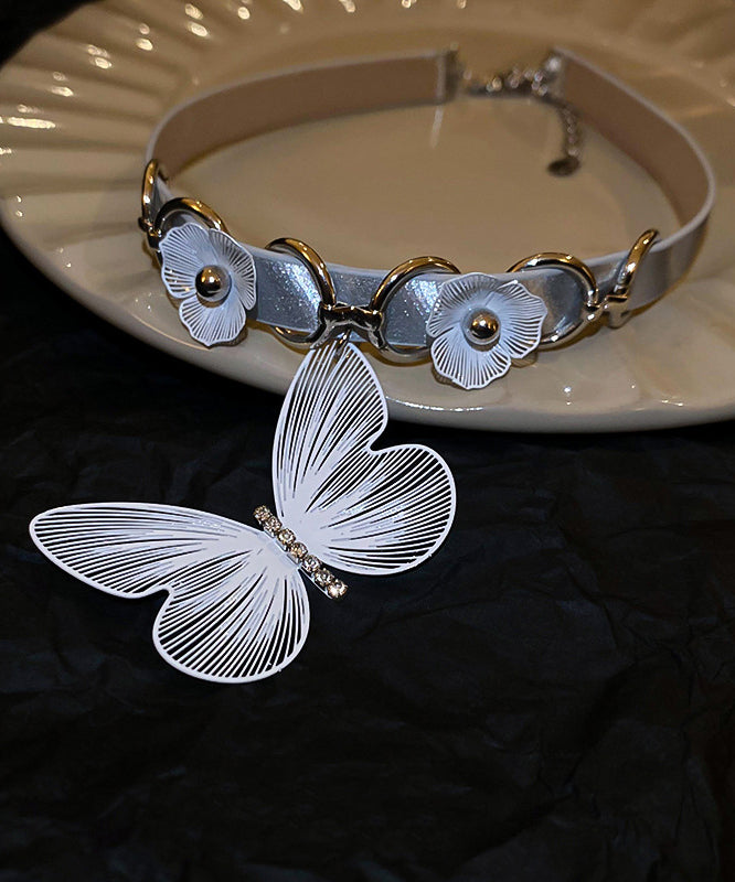 Elegant White Alloy Leather Patchwork Zircon Butterfly Choker