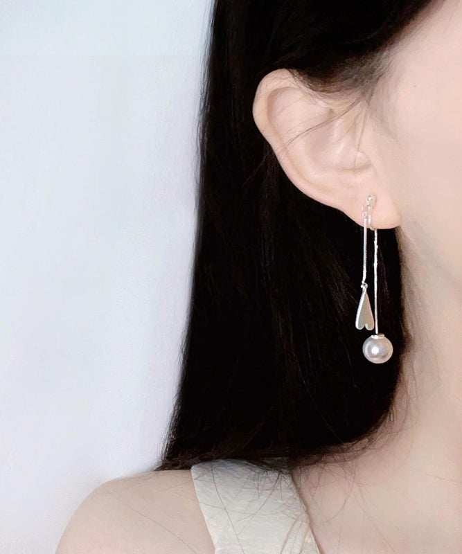 Elegant White Alloy Love Pearl Tassel Drop Earrings