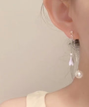 Elegant White Alloy Love Pearl Tassel Drop Earrings