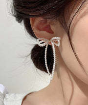 Elegant White Alloy Pearl Butterfly Tassel Drop Earrings