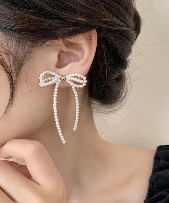 Elegant White Alloy Pearl Butterfly Tassel Drop Earrings