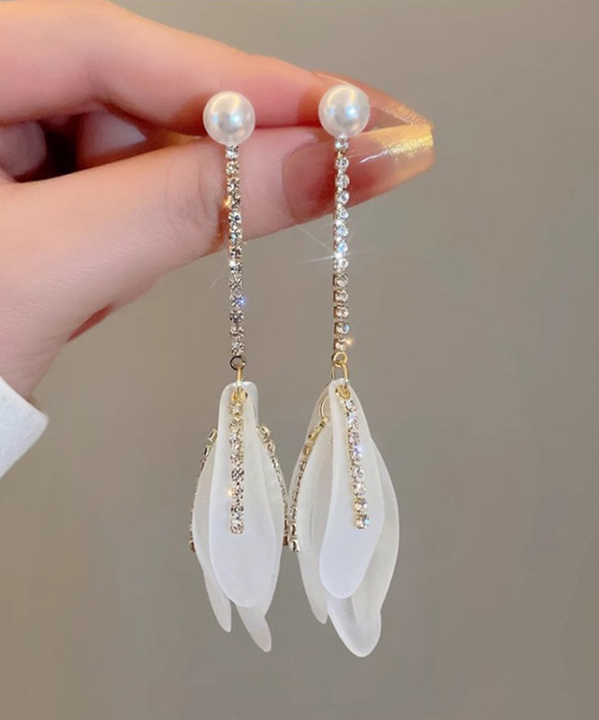 Elegant White Alloy Zircon Pearl Petal Tassel Drop Earrings