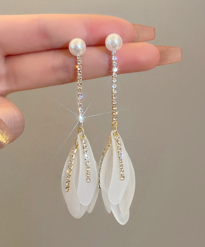 Elegant White Alloy Zircon Pearl Petal Tassel Drop Earrings