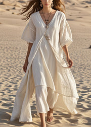 Elegant White Asymmetrical Cotton Long Dress Summer