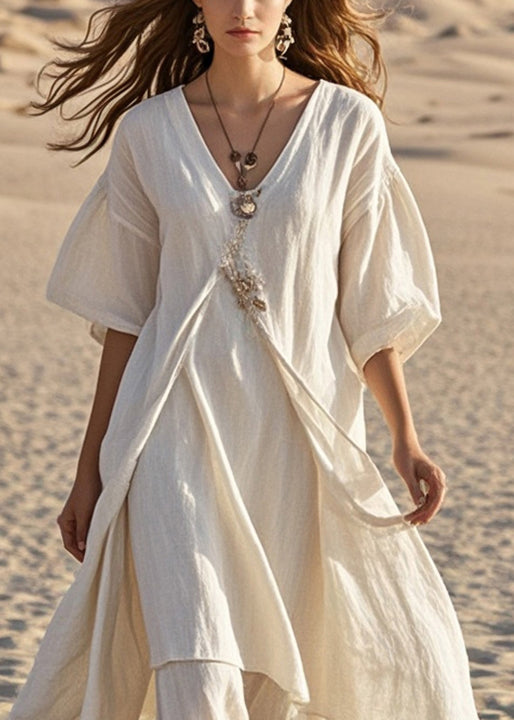 Elegant White Asymmetrical Cotton Long Dress Summer