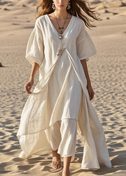 Elegant White Asymmetrical Cotton Long Dress Summer