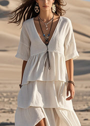 Elegant White Asymmetrical Design Cotton Long Dress Summer