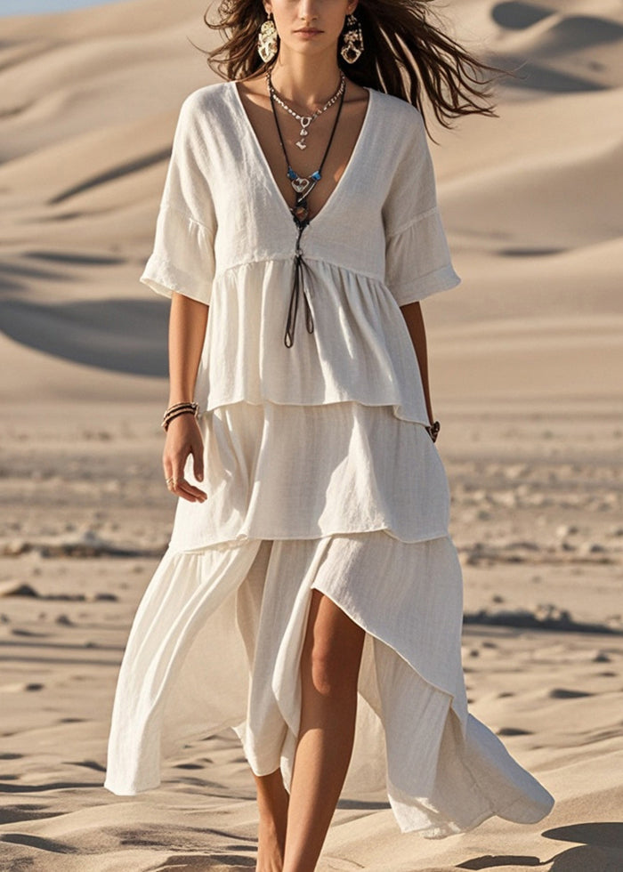 Elegant White Asymmetrical Design Cotton Long Dress Summer