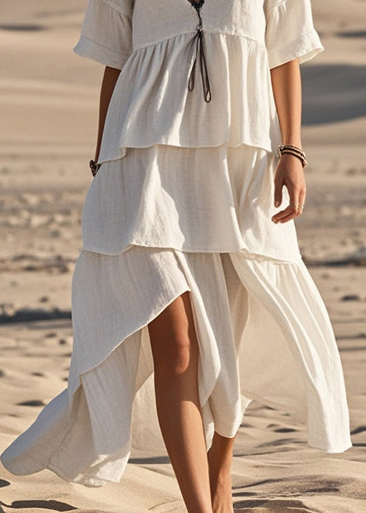 Elegant White Asymmetrical Design Cotton Long Dress Summer