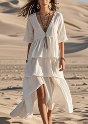 Elegant White Asymmetrical Design Cotton Long Dress Summer