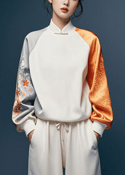 Elegant White Asymmetrical Patchwork Silk Oriental Tops Spring