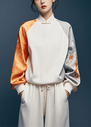 Elegant White Asymmetrical Patchwork Silk Oriental Tops Spring