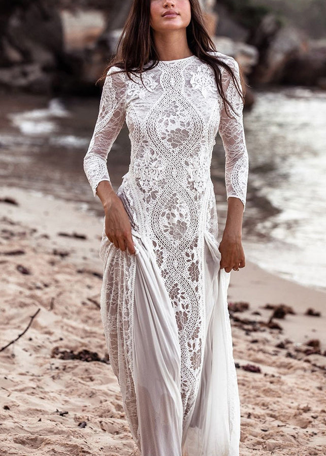 Elegant White Backless Hollow Out Lace Maxi Dresses Spring