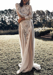 Elegant White Backless Hollow Out Lace Maxi Dresses Spring