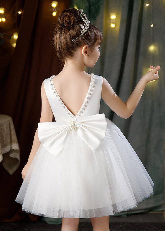 Elegant White Backless Pearl Tulle Girls Princess Dress Sleeveless