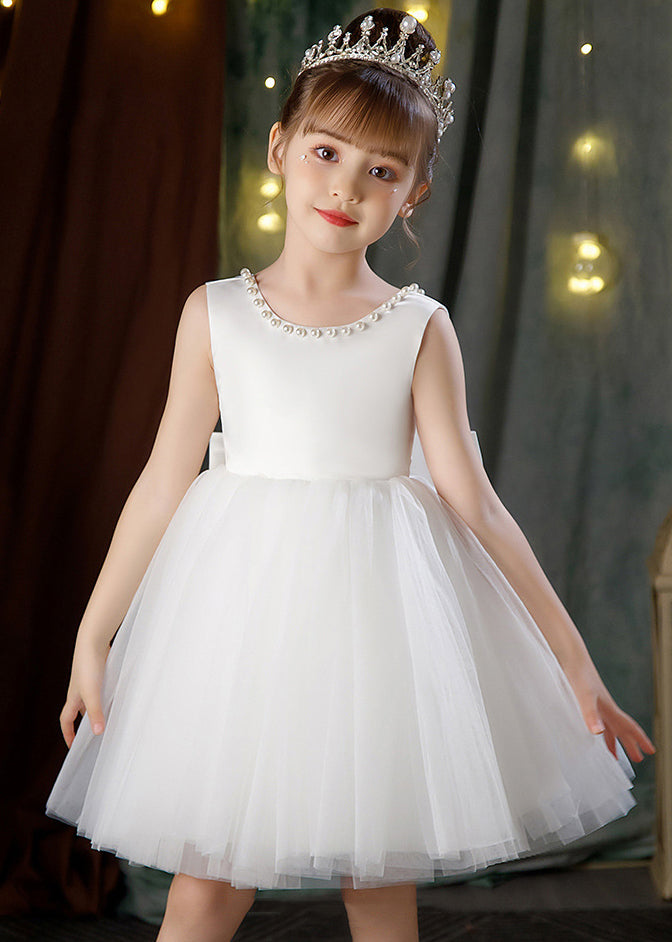 Elegant White Backless Pearl Tulle Girls Princess Dress Sleeveless